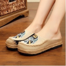 Beige Embroideried Linen Fabric Slippers Shoes Splicing