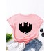 Women Black Cats Print O  Neck Multicolor Casual Short Sleeve T  Shirt